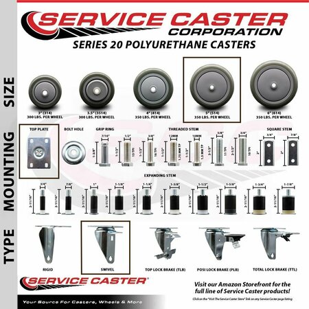 Service Caster Cooking Performance Group 369CASTER4 Replacement Caster Set with Brakes-, 4PK COO-SCC-20S514-PPUB-2-TLB-2